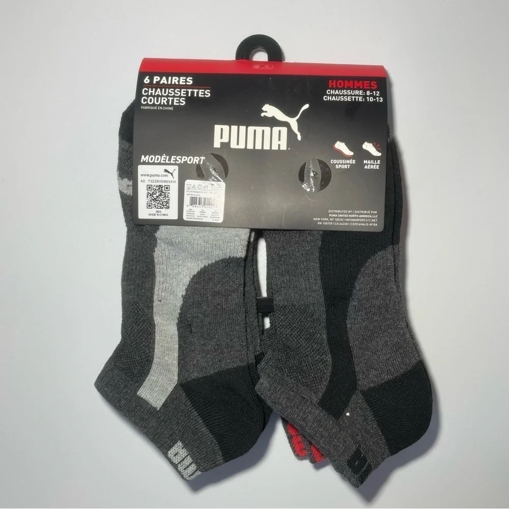 Puma men’s low cut socks 6 pack size 8-12 black gray red